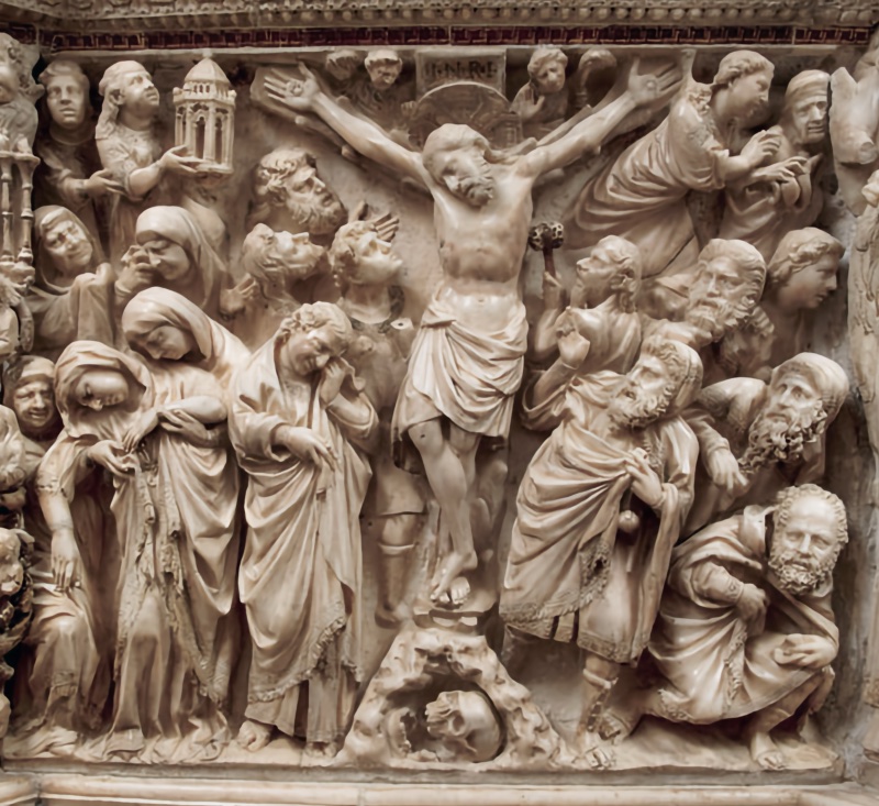 Marble relief filled edge to edge with figures: the crucified Christ at the centre with head fallen forward and a small skull at the foot of the cross; at the left a veiled woman collapses into the arms of her companions while a draped figure raises a hand to his face in grief; at the right a dense crowd of bearded and youthful heads gestures upward; at the upper left a standing figure holds a miniature domed building.