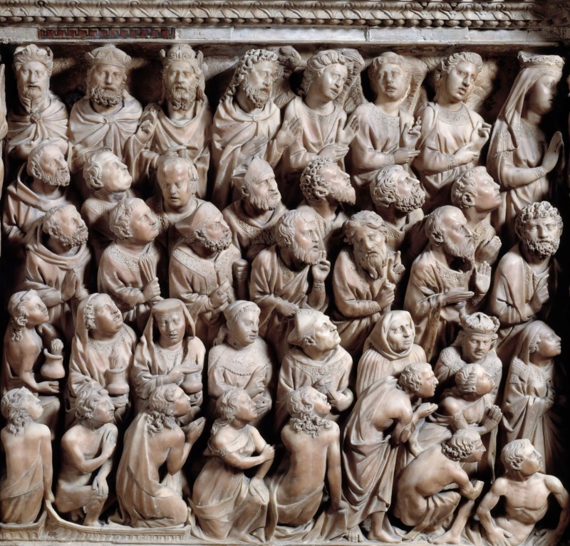 Marble relief packed with some forty individuated heads in four tiered ranks: crowned and veiled figures at the top with hands raised in prayer; densely crowded bearded and youthful faces in the middle; and half-nude figures rising from the lower edge, one woman holding a child at the right.