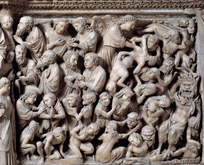 Marble relief crowded edge to edge: winged angels at the upper left incline toward a mass of clothed, bearded figures whose faces show bewilderment and pleading; toward the right the order collapses into nude bodies seized and carried head downward by horned, snouted demons, while at the lower edge figures crouch and crawl with their heads in their hands.