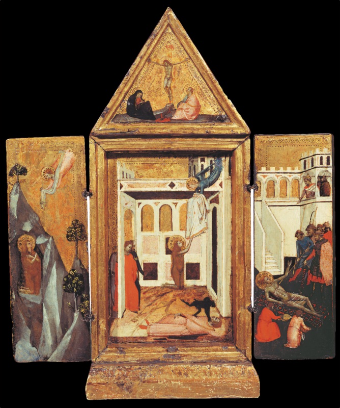 Portable tabernacle (folding triptych) with the Crucifixion and three hagiographic scenes
