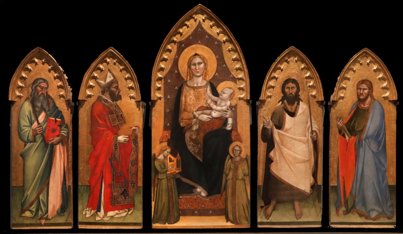 Virgin and Child enthroned with two music-making angels; Saints Andrew, Nicholas of Bari, John the Baptist and James the Greater