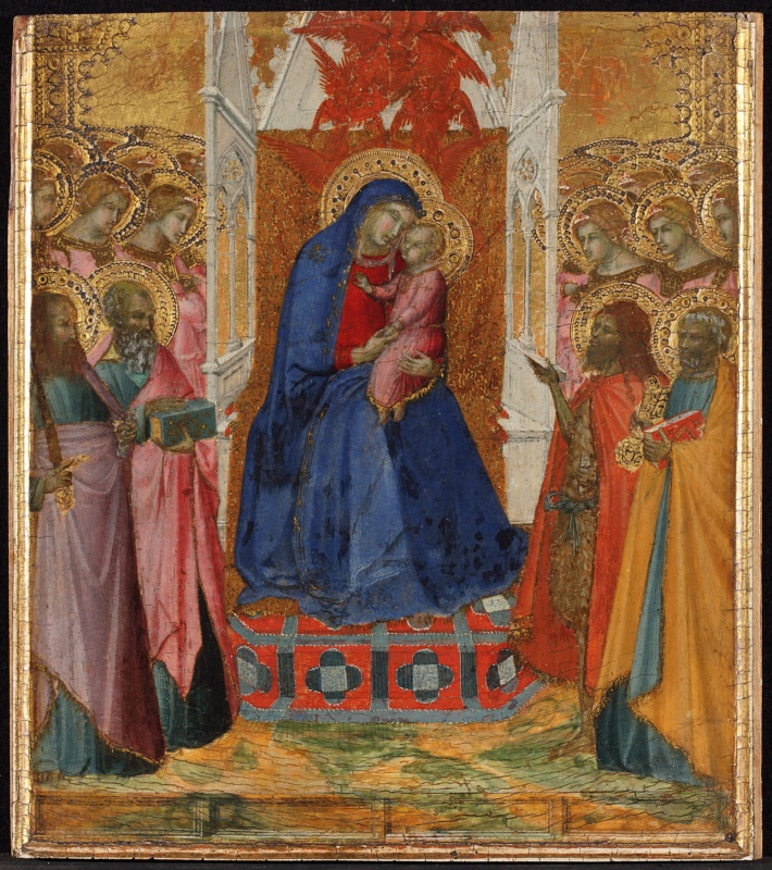 Mary enthroned with the child, adoring angels and Saints Paul, John the Evangelist, John the Baptist and Peter