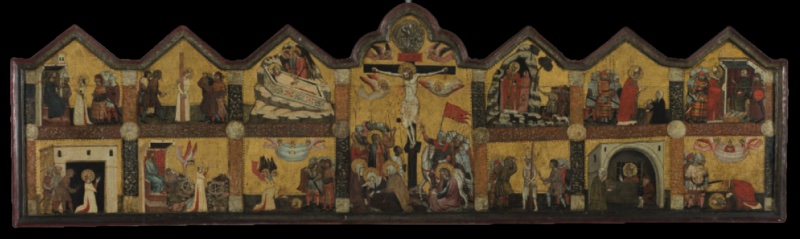 Long, low painted altar panel on a gold ground with a jagged profile of gables and a raised central arch. At the centre, Christ hangs on the cross between angels, with the mystic pelican in a roundel above; below, the swooning Virgin among the holy women, Saint John, and soldiers with a red banner and a white horse. On either side, two registers of small scenes are separated by painted columns. On the left, the story of Saint Catherine of Alexandria, including a crowned woman before an enthroned ruler, the wheels of her torture shattered by an angel, and her body laid in a tomb on a mountain. On the right, the story of Saint Blaise, a bishop in red, including his life in a cave among animals, his torture at a post and his execution.