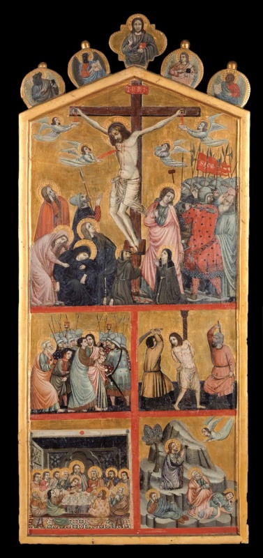 Tall gabled panel on a gold ground in a gilt frame. Five roundels crown the gable: Christ blessing with a book at the centre and four Evangelists with books, some with animal heads. Below, the Crucifixion: angels catch Christ's blood in cups; on the left the Virgin swoons among the holy women; a tonsured friar kneels and kisses the foot of the cross; Saint John in pink stands beside it, and a haloed nun in black kneels in prayer; on the right, helmeted soldiers with spears and a red banner inscribed SPQR. Red bands divide four smaller scenes beneath: the Betrayal and the Flagellation, then the Last Supper and the Agony in the Garden