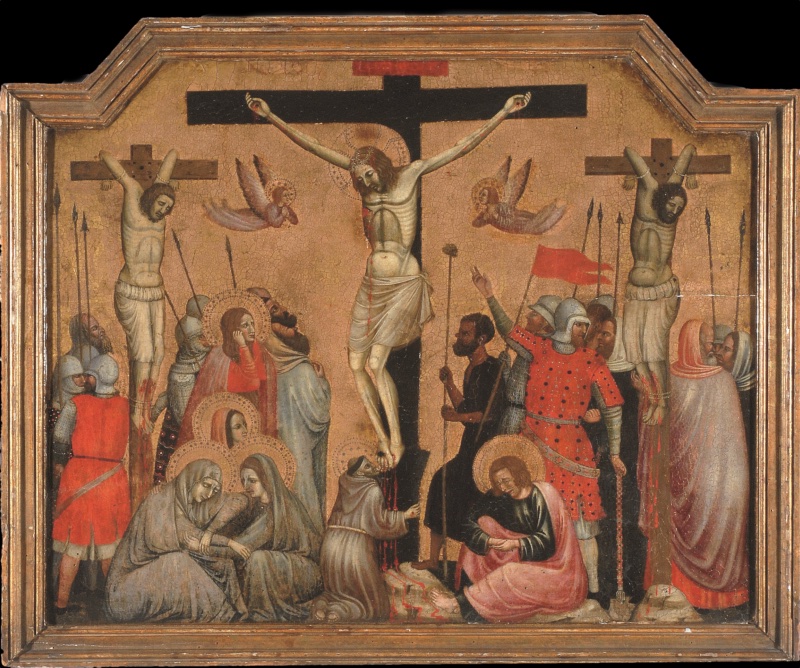 Panel painting on a gold ground in a moulded frame with a shaped top. Christ hangs on a tall black cross under a red titulus, blood running from his hands, side and feet down the cross onto the rock below. Two thieves hang on lower crosses at either side, their arms tied over the crossbars, and two grieving angels fly beside Christ. At the foot of the cross Saint Francis kneels and kisses Christ's bleeding feet. On the left the Virgin sinks to the ground in the arms of another holy woman, with other haloed mourners and soldiers with spears behind. On the right Saint John sits weeping on the ground; behind him stand a dark-skinned man holding the sponge on a reed, soldiers under a red banner, one in a red dotted tunic pointing upward, and a group of elders.