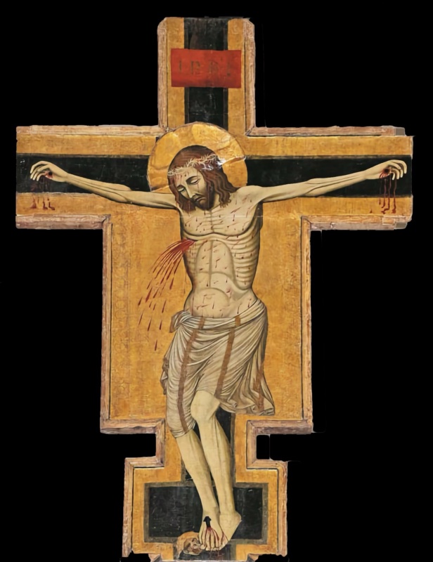 Shaped wooden cross painted on a gold ground, with a black inner band running along the arms and the upright. At the top, a red titulus. Christ hangs dead with outstretched arms, head bowed under a crown of thorns and a gilded halo. His pale body is marked by small red wounds, and a jet of blood spurts from his side in a wide arc. He wears a translucent white loincloth with brown stripes. His feet are crossed and fixed with a single nail, blood flowing from the wound, and a small skull lies at the foot of the cross