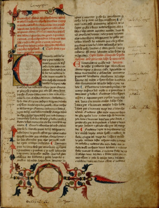 Folio 1r of Florence, Biblioteca Riccardiana MS 2164 (c. 1282), Restoro d'Arezzo's Composizione del mondo: two columns of Gothic textualis in brown ink with red rubrics and alternating red-and-blue paragraph marks; a large blue-and-red foliate initial on a gold ground (its interior apparently an unfinished underdrawing) opening the prologue; a painted foliate border along the left and lower margins; a gilded octagram emblem (a circle enclosing two interlaced squares) in the lower margin; later marginal notes and the word Cosmographia added at the top.