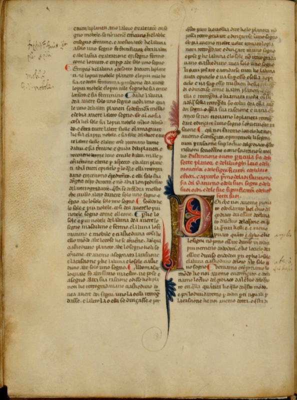 Folio 15v of Florence, Biblioteca Riccardiana MS 2164 (late 13th century), Restoro d'Arezzo's Composizione del mondo: two columns of Gothic script in brown ink with red rubrics and red-and-blue paragraph marks; in the right column a large initial P with blue and red foliage on a gold ground opens the section on the seven planets, its painted acanthus bar running the full height between the columns; later marginal annotations in both margins.