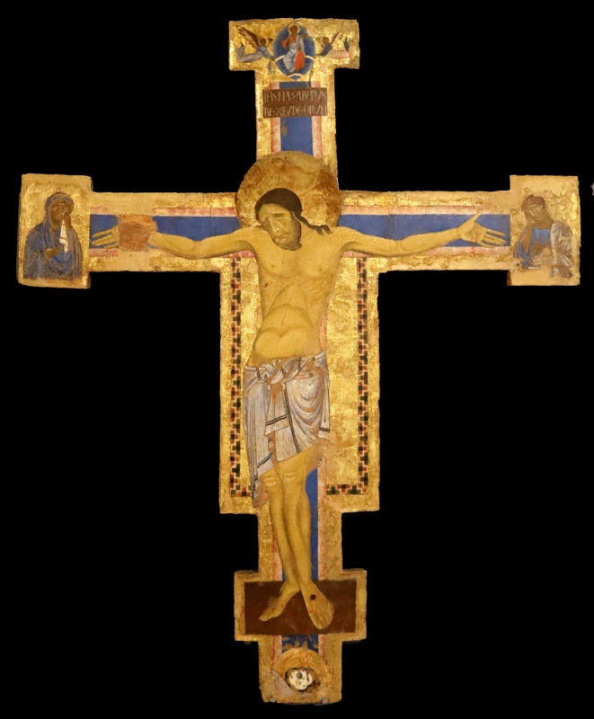 Orvietan follower of Simeone and Machilone, painted cross with the suffering Christ on a blue cross against a gold ground, the mourning Virgin and Saint John in the terminals and Christ in a mandorla with angels in the cimasa, c. 1250–75, tempera and gold on panel, Museo dell'Opera del Duomo, Orvieto