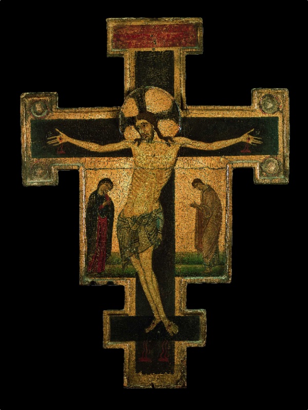Orvietan school, possibly Simeone and Machilone of Spoleto, processional cross with the living Christ on a dark cross and the mourning Virgin and Saint John standing at full length on the gold ground at his sides, c. 1260–70, tempera and gold on poplar panel, Pinacoteca Vaticana, Vatican City