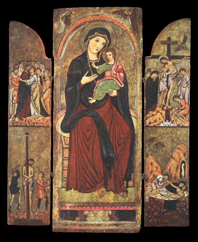 Rinaldo di Ranuccio of Spoleto, portable triptych with the Madonna and Child enthroned between two angels and, on the wings, the Betrayal, the Flagellation, the Deposition and the Lamentation, 1265–70, tempera and silver on panel, The Frick Pittsburgh