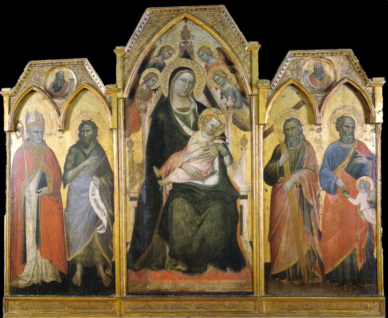Triptych of Madonna enthroned with child and saints